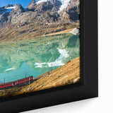 Extra large framed canvas featuring a textured depiction of a Swiss landscape in black with colorful art accents.