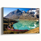 Framed canvas depicting a vintage-style Swiss landscape with vibrant green and blue tones, ideal for living room decor.