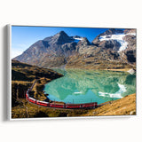 Vintage poster art of a Swiss landscape, featuring colorful imagery on a large framed canvas, ideal for living room decor.