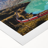 Art Deco style poster of a Swiss landscape in muted blue and green tones, printed on rolled canvas.