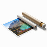 Extra large rolled print of a Swiss landscape with vivid green fields and distant mountains.