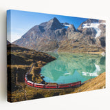 Large canvas print of a Swiss landscape featuring lush green fields and distant mountains, suitable for kitchen wall art.