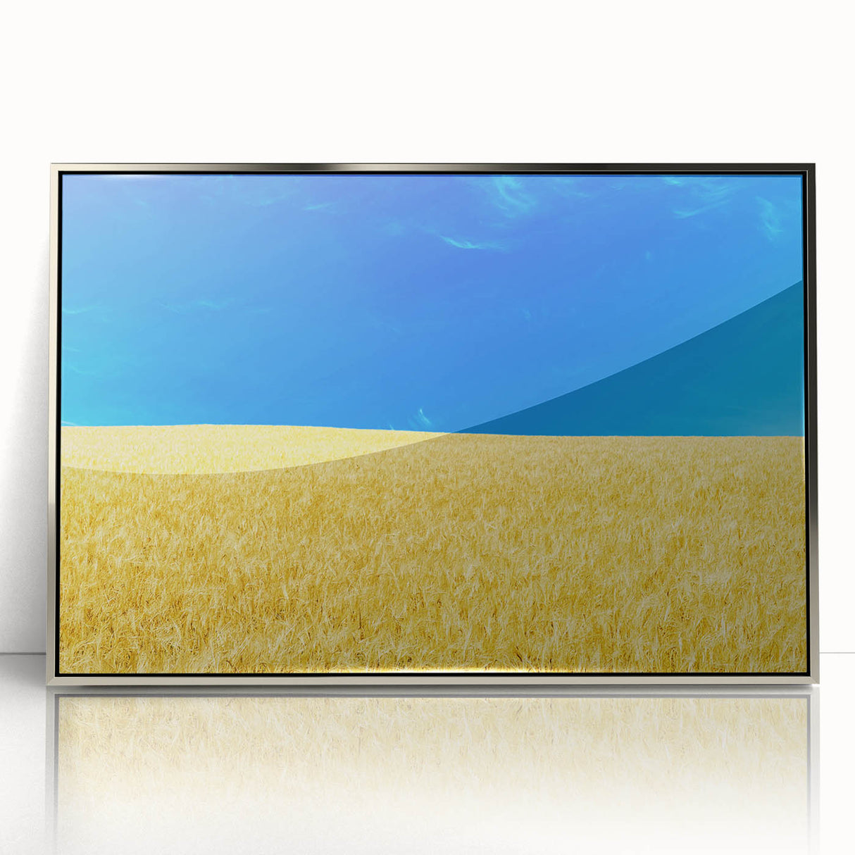 Mid-century modernist art depicting a serene Ukrainian landscape in muted earth tones, framed acrylic.