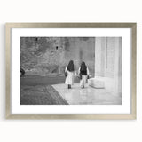 Textured abstract art print of the Vatican in muted earth tones, framed in silver, ideal for bedroom wall decor.