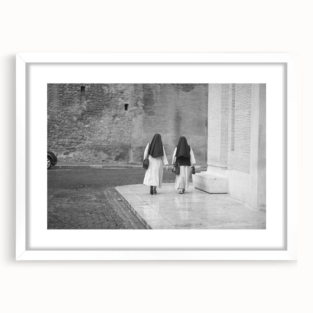 Abstract art print of the Vatican scenery in muted earth tones on a framed white mat, ideal for dining room decor.