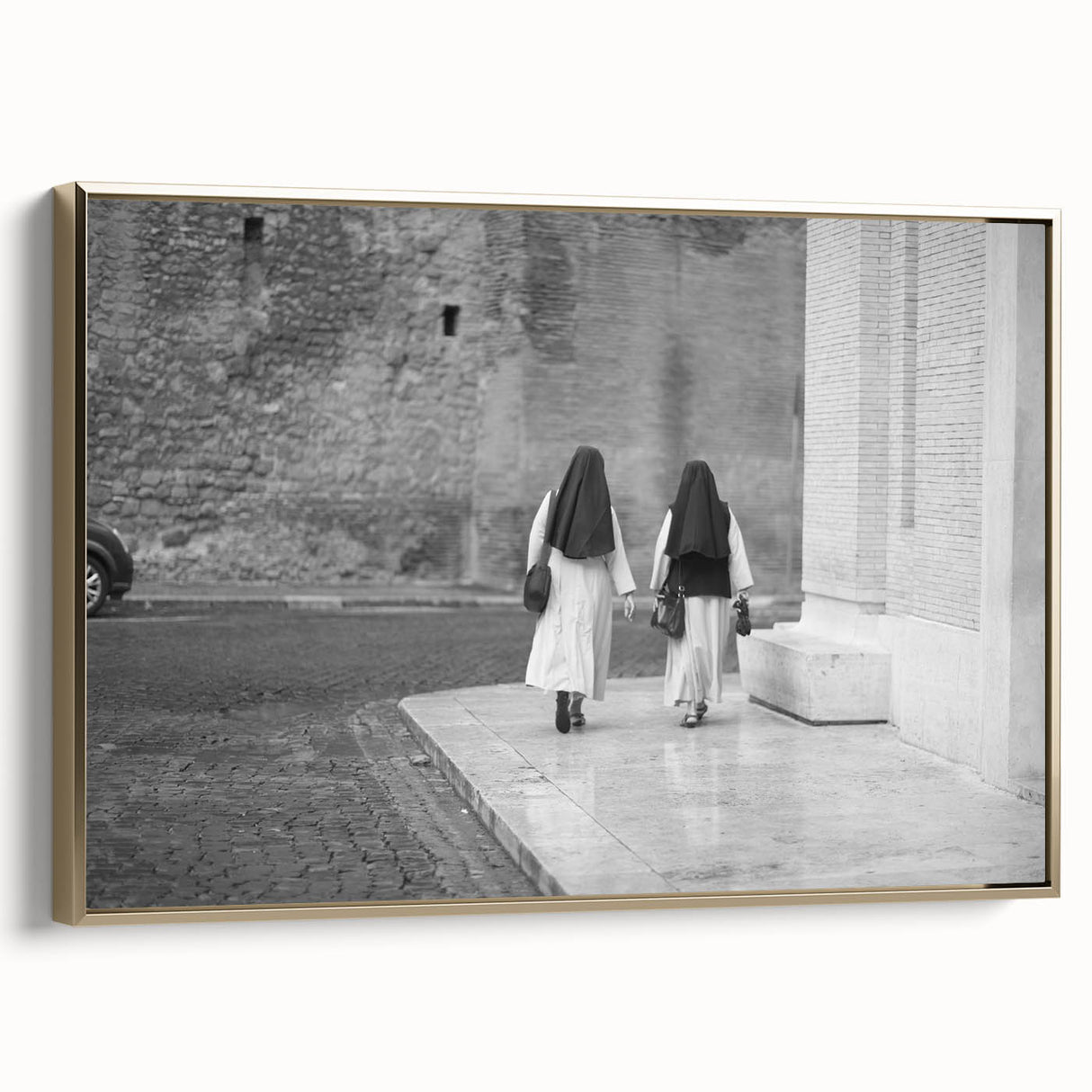 Framed canvas of the Vatican landscape in muted gold and black tones, suitable for bedroom wall decor.