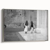 Framed canvas depicting a vintage European landscape scene with muted colors, ideal for living room decor.
