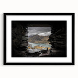 Abstract art print of a vibrant, textured European scenery in an extra large black frame, ideal for living room decor.