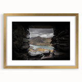 Extra large abstract art print of a Welsh scenery in gold frame with mat, featuring textured brush strokes in earth tones.