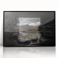 Large abstract wall art depicting a Welsh landscape in muted earth tones, framed in black acrylic.
