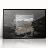 Large abstract wall art depicting a Welsh landscape in muted earth tones, framed in black acrylic.