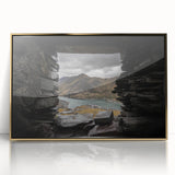 Large art print of a Welsh landscape in muted greens and blues on a gold-framed acrylic, ideal for modern art wall decor.