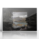 Framed acrylic print of a serene Welsh landscape, featuring soft green and blue tones, ideal for modern nursery wall art.