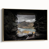 Framed canvas depicting a vintage-style Welsh landscape in muted gold and black tones, ideal for bedroom wall decor.