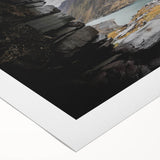 Art deco poster of a serene Welsh landscape in muted green and blue tones on rolled canvas, suitable for dining room decor.