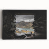 Black and white photo of Welsh scenery on large stretched canvas, ideal for kitchen wall art.