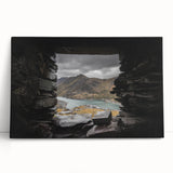 Black and white photograph of a scenic Welsh landscape on a large stretched canvas, ideal for kitchen wall art.
