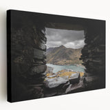 Side view of a stretched canvas featuring a serene Welsh landscape in muted green and blue tones.