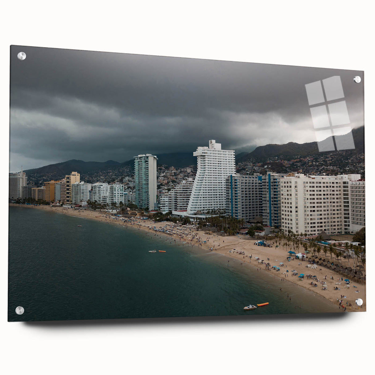 Large abstract wall art of Acapulco scenery in vibrant colors on acrylic glass, ideal for bedroom or dining room decor.