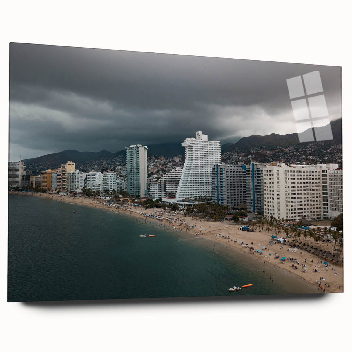 Acrylic print of abstract Acapulco scenery in warm orange and blue tones, ideal for bedroom or dining room art.
