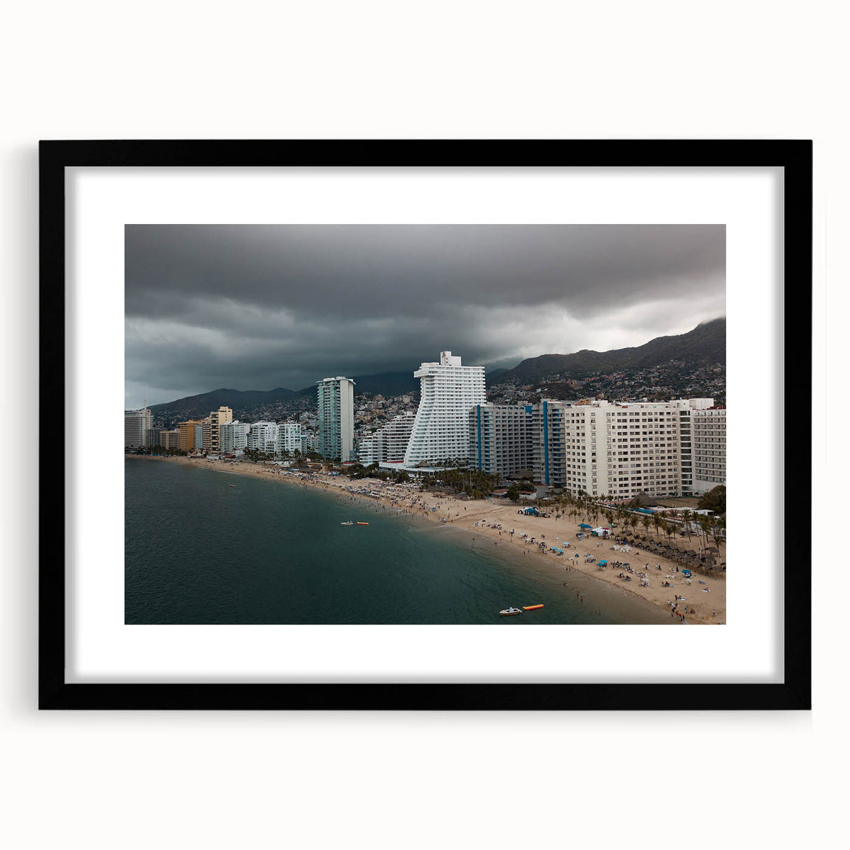 Extra large framed abstract art print depicting a colorful, textured scene of Acapulco, ideal for living room decor.