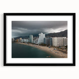 Extra large framed abstract art print depicting a colorful, textured scene of Acapulco, ideal for living room decor.