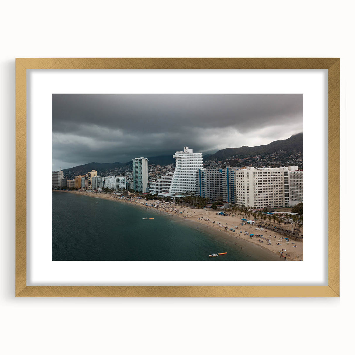 Extra large framed abstract print of Acapulco scenery in gold, textured with vibrant hues, ideal for living room decor.