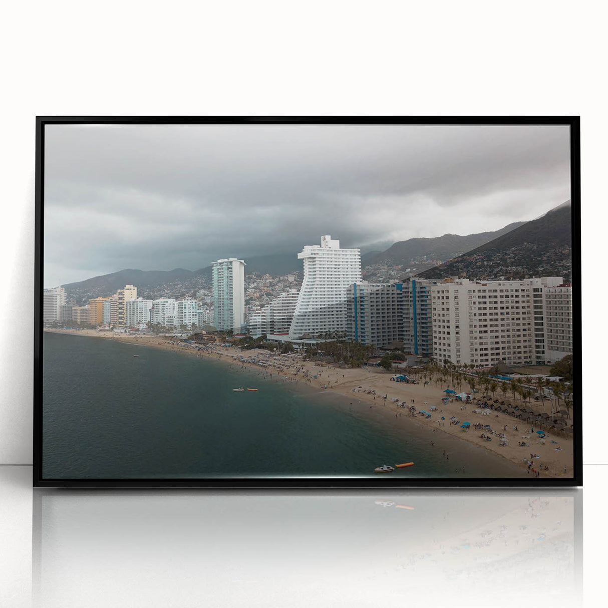 Large abstract wall art depicting Acapulco scenery in vibrant colors, framed in black acrylic.
