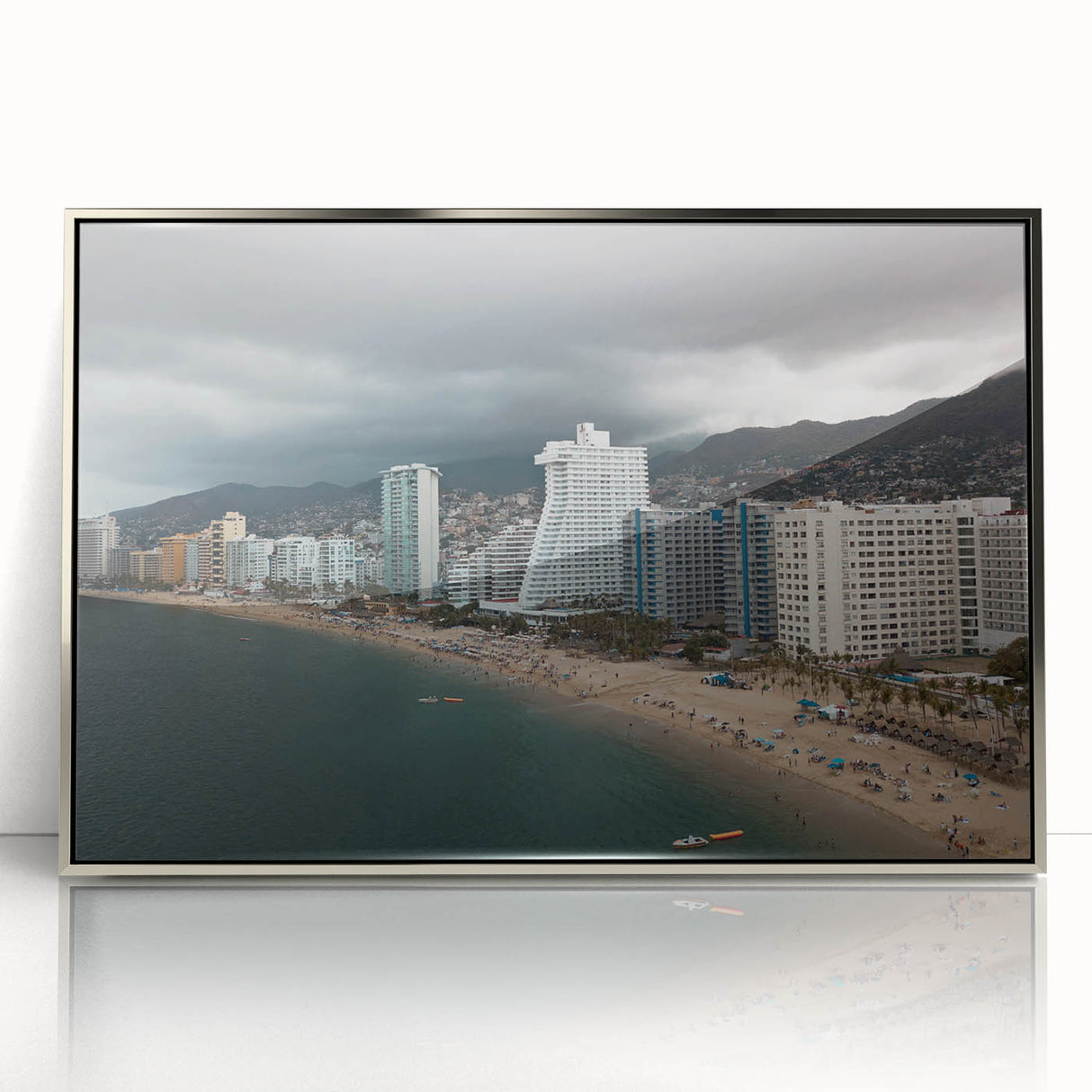 Mid-century modernist art depicting Acapulco scenery in muted hues on a silver-framed acrylic, ideal for nursery wall art.