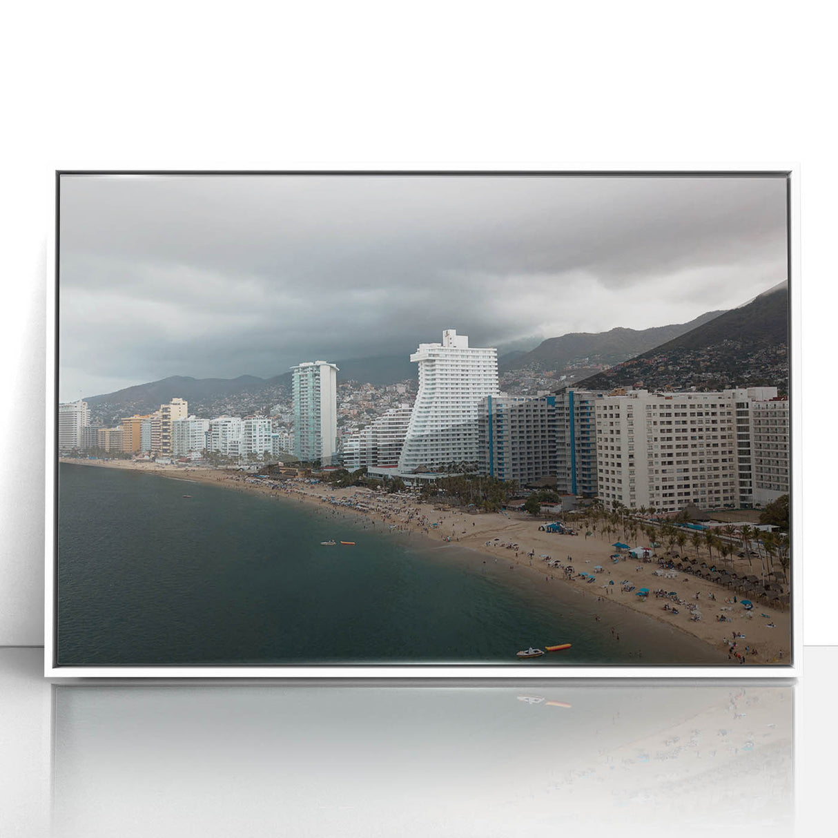 Art deco poster of Acapulco scenery in vibrant colors, framed in white acrylic.