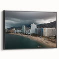 Black and white framed canvas of vintage Acapulco landscape, ideal for bedroom wall art.