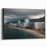 Black and white framed canvas of vintage Acapulco landscape, ideal for bedroom wall art.