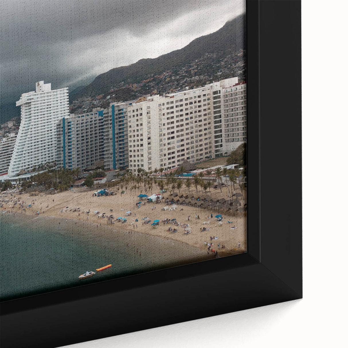 Close-up of a textured, extra large framed canvas depicting a colorful Acapulco scenery, ideal for living room decor.