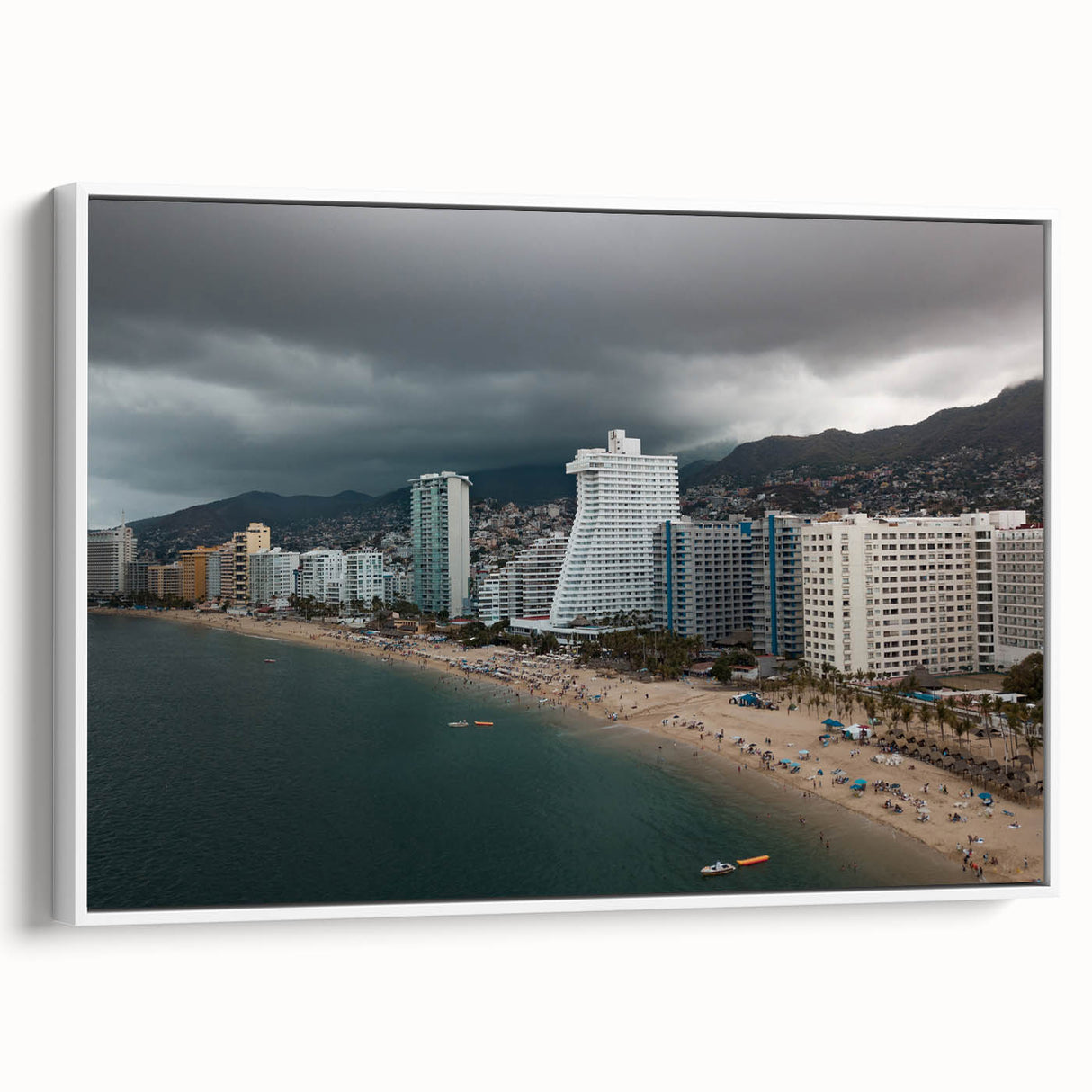 Vintage poster art of Acapulco scenery in vibrant colors on a large framed canvas, suitable for living room decor.