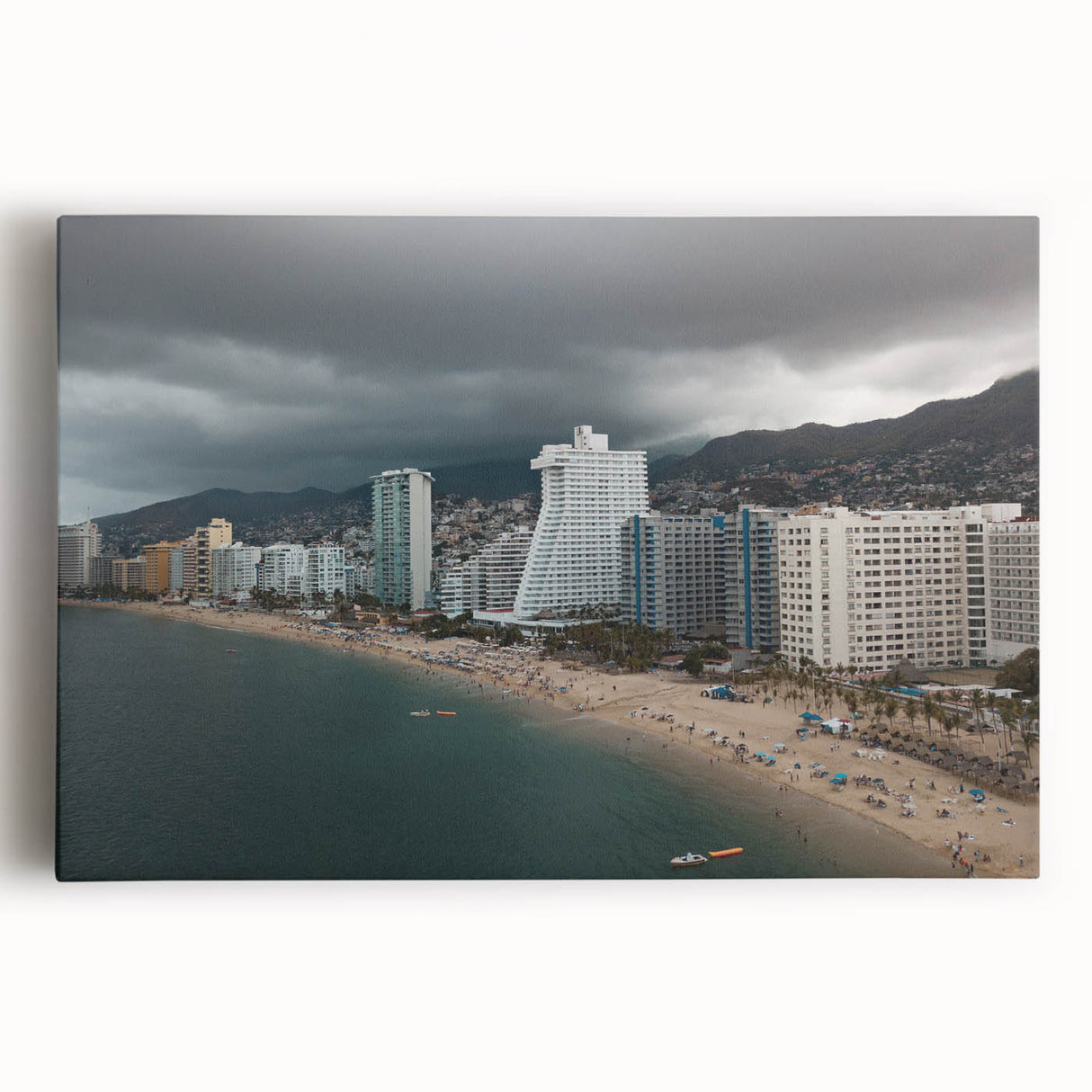 Black and white stretched canvas featuring a panoramic Acapulco scenery, ideal for kitchen wall art.