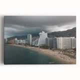 Black and white stretched canvas featuring a panoramic Acapulco scenery, ideal for kitchen wall art.