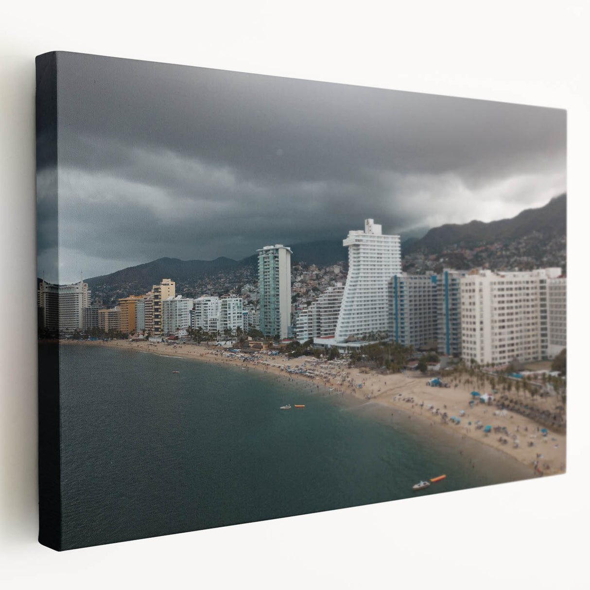 Side view of a stretched canvas featuring a vibrant Acapulco scenery, ideal for kitchen wall art.