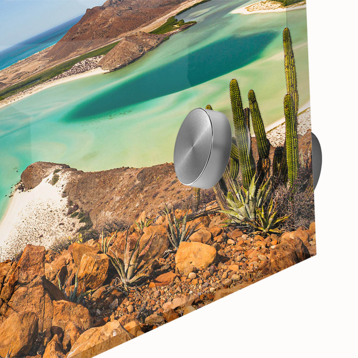 Large abstract art print of Baja California scenery in muted earth tones on acrylic glass, ideal for dining room ambiance.