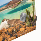 Large abstract art print of Baja California scenery in muted earth tones on acrylic glass, ideal for dining room ambiance.