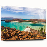 Large abstract wall art depicting Baja California scenery in muted earth tones on acrylic glass.