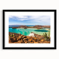 Extra large abstract art print depicting a colorful, textured scene of Baja California on a black framed canvas.