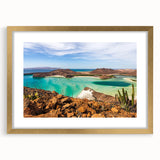 Extra large abstract art print of Baja California scenery in textured style with gold frame, ideal for living room decor.