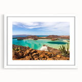Abstract art print of Baja California scenery in muted earth tones on a framed white mat, ideal for dining room decor.