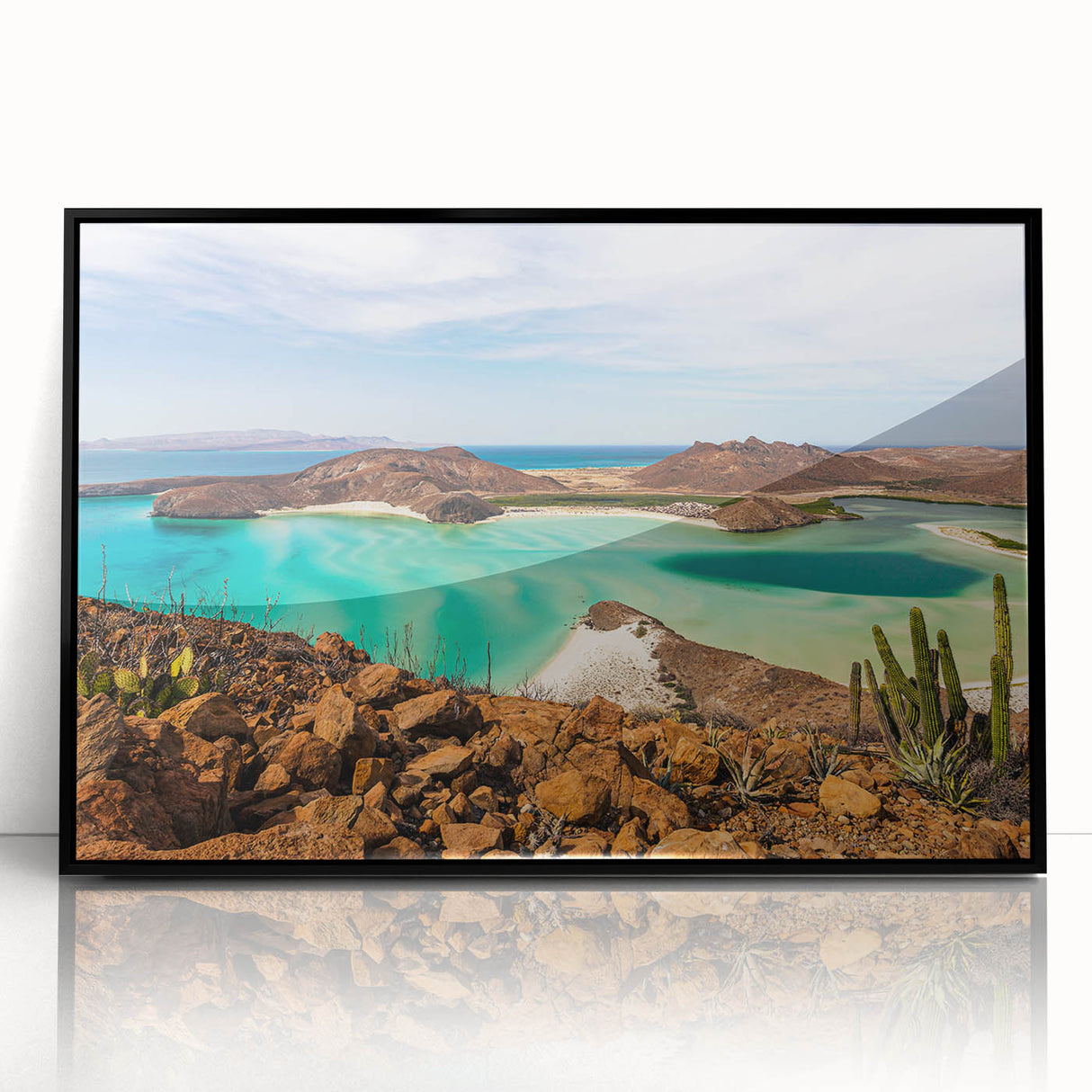 Large abstract wall art depicting Baja California scenery in muted earth tones on a framed acrylic.
