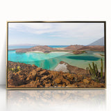 Mid-century modernist acrylic print of Baja California scenery in earth tones, framed in gold.