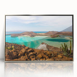 Mid-century modernist art of Baja California scenery in muted earth tones, framed acrylic, ideal for nursery wall art.