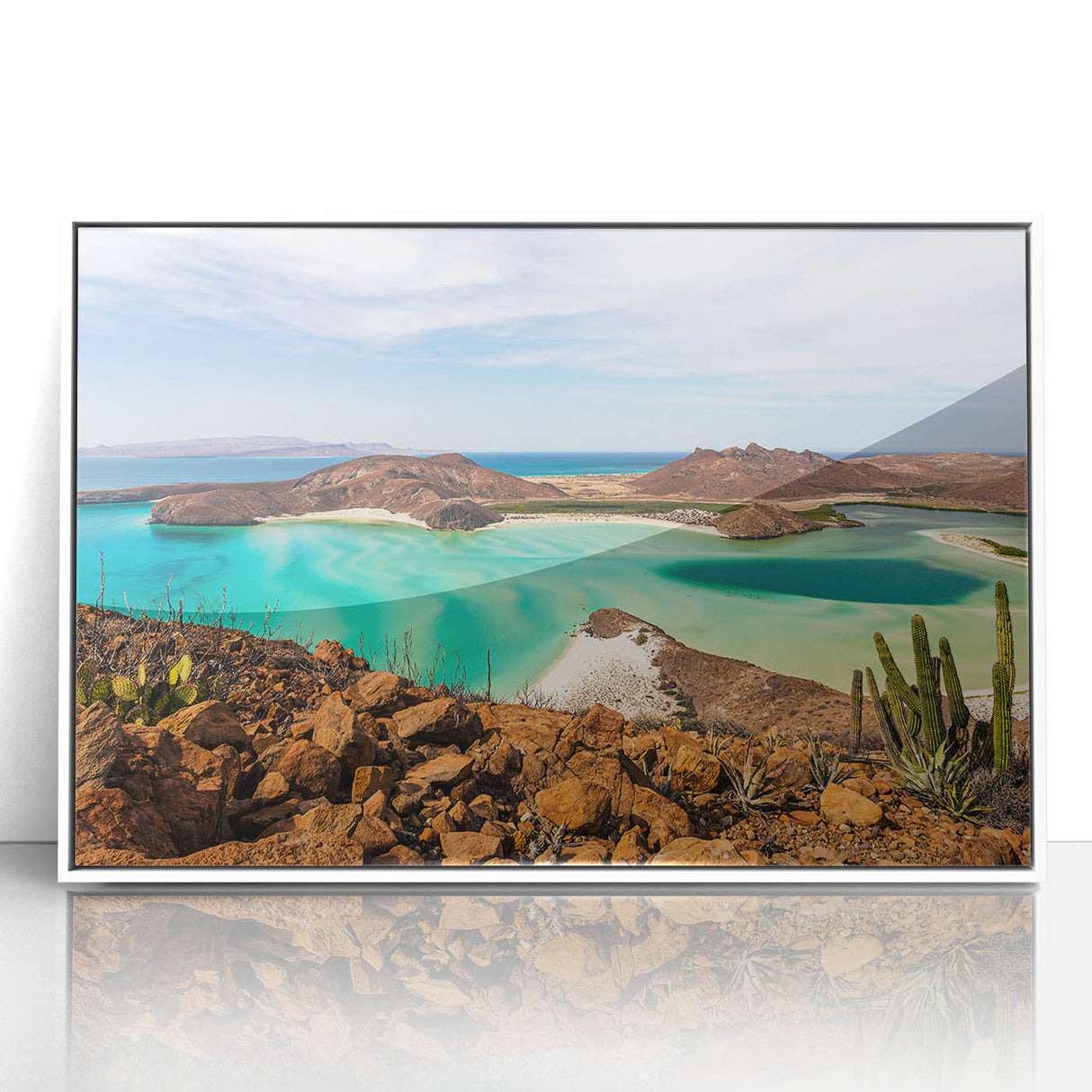 Acrylic print of Baja California scenery with muted earth tones in an art deco style, suitable for modern art wall decor.