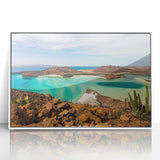 Acrylic print of Baja California scenery with muted earth tones in an art deco style, suitable for modern art wall decor.