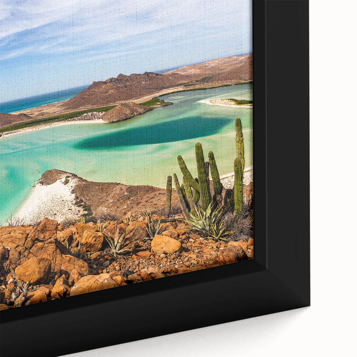 Extra large framed canvas of a textured, colorful Baja California scenery in black, ideal for living room decor.