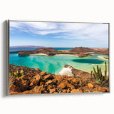 Framed canvas landscape art painting of Baja California with colorful and black vintage poster elements.